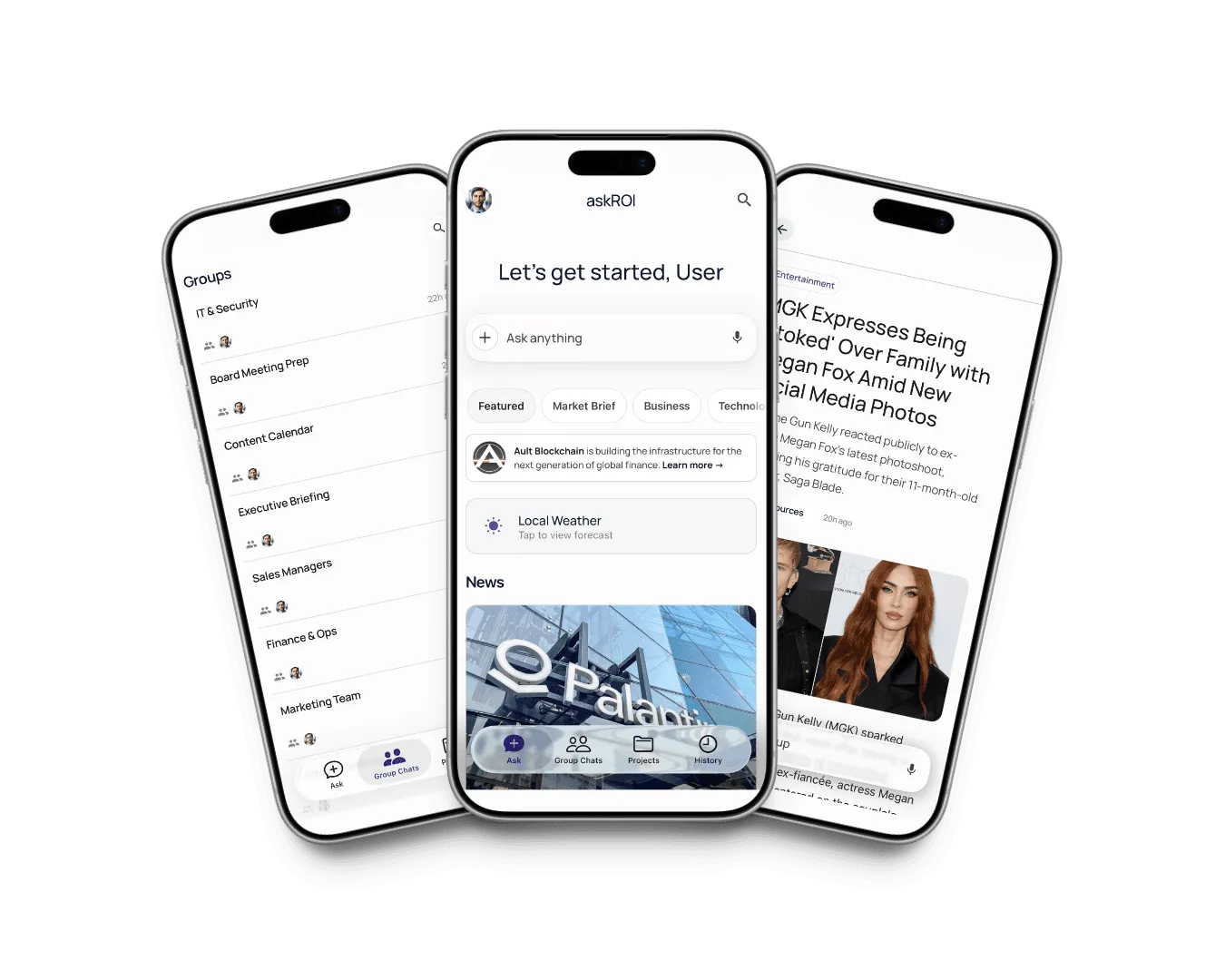 The askROI app on three phones: group chats, the home screen, and a news briefing